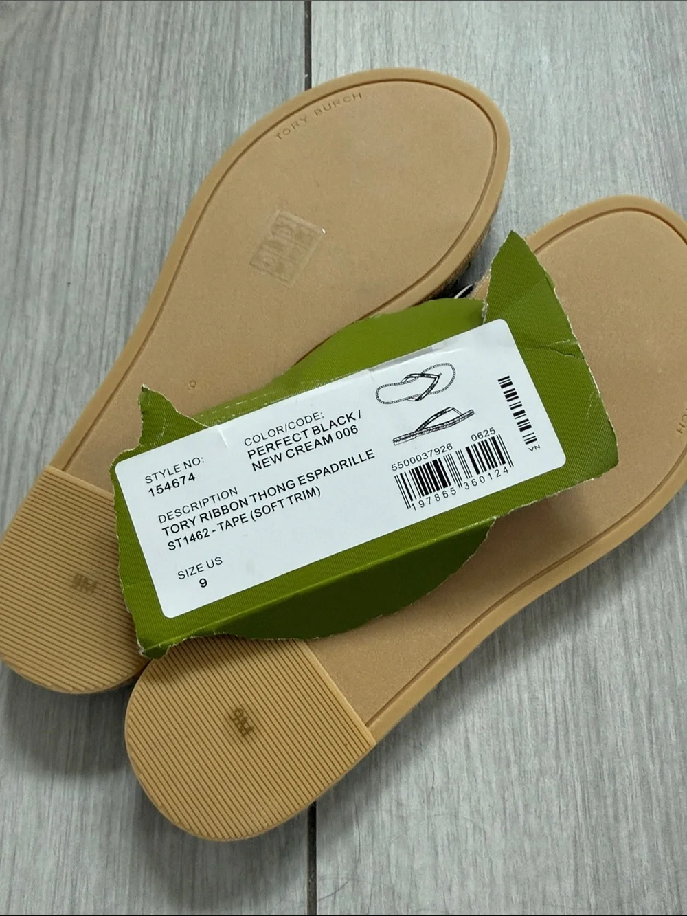 Tory Burch Women's Tory Ribbon Thong Espadrilles, Perfect Black/ New Cream Sz 9
